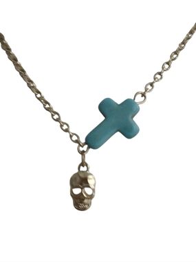 Turquoise Cross Goldtone Skull Necklace